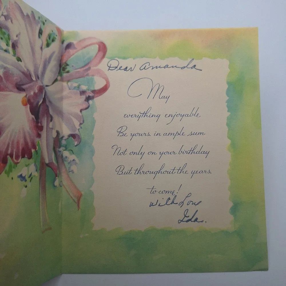 Vintage Satin Blossoms Birthday Card Orchid Ribbon‎ 